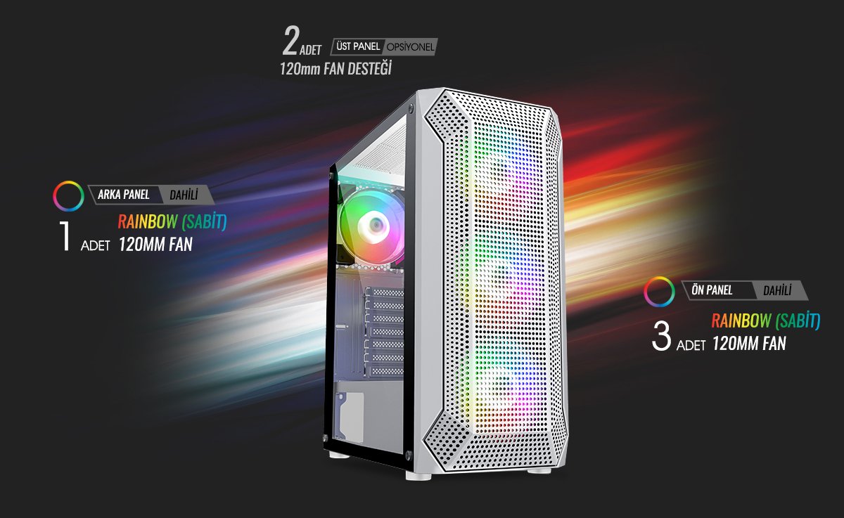 POWERBOOST 650W 80+ VK-P1882BW 4-Rainbow Fanlı Gaming Mid-Tower PC Kasası Beyaz