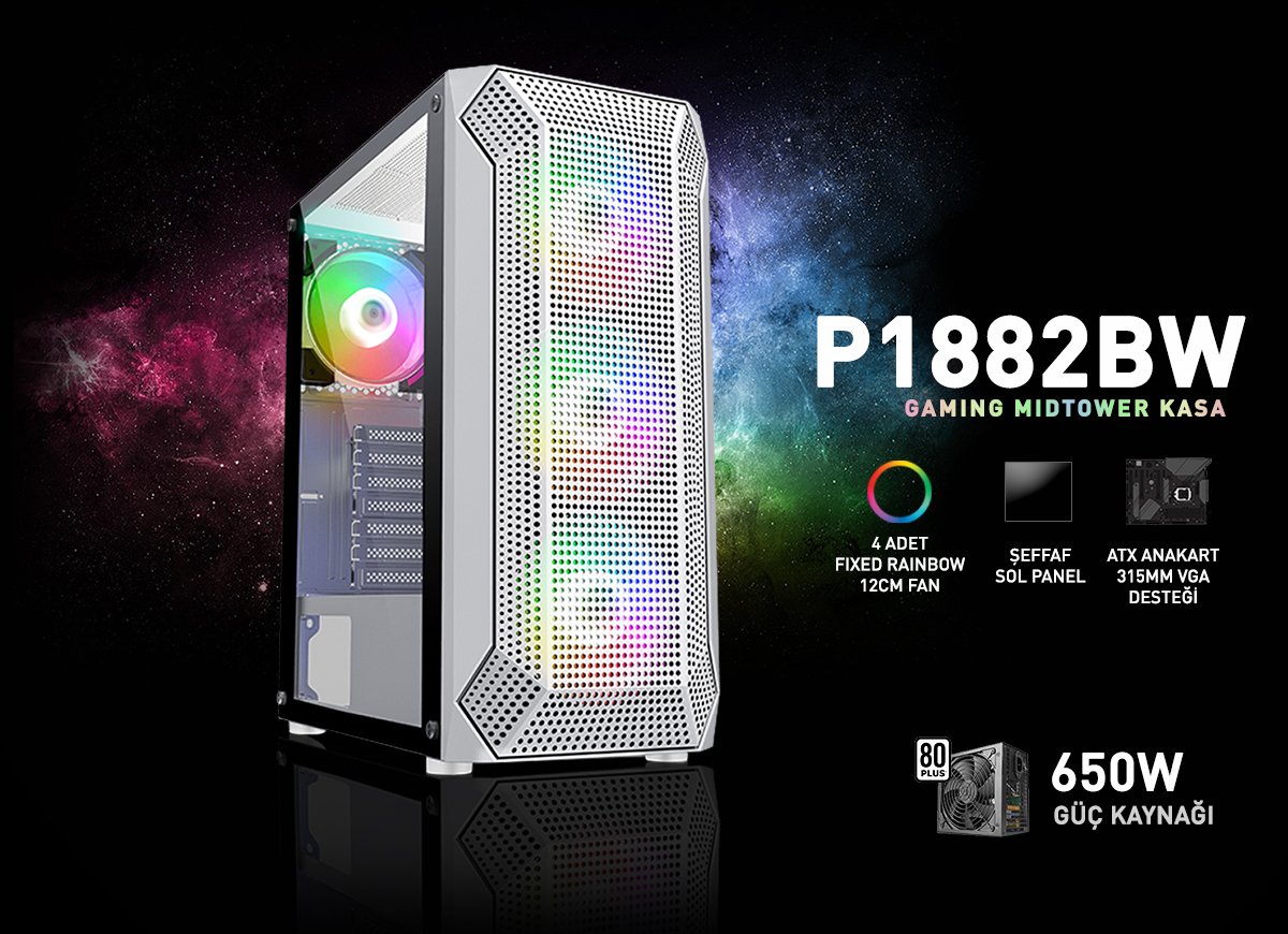 POWERBOOST 650W 80+ VK-P1882BW 4-Rainbow Fanlı Gaming Mid-Tower PC Kasası Beyaz