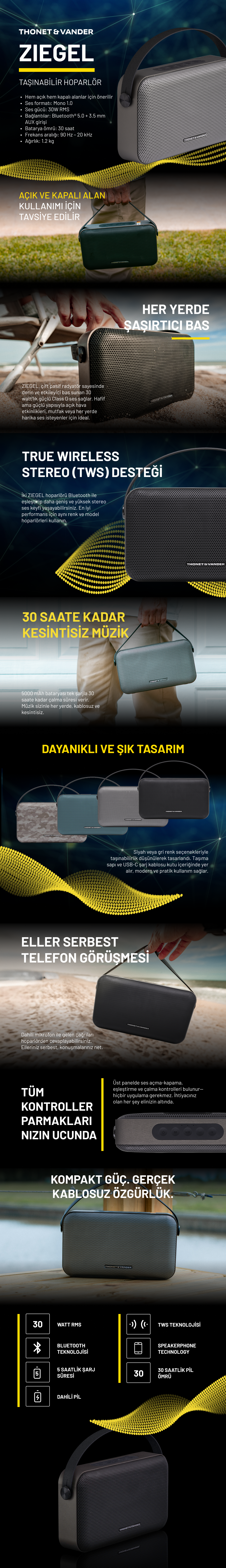 Thonet & Vander ZIEGEL TWS Bluetooth Speaker 30W Siyah - Taşınabilir - 30W RMS