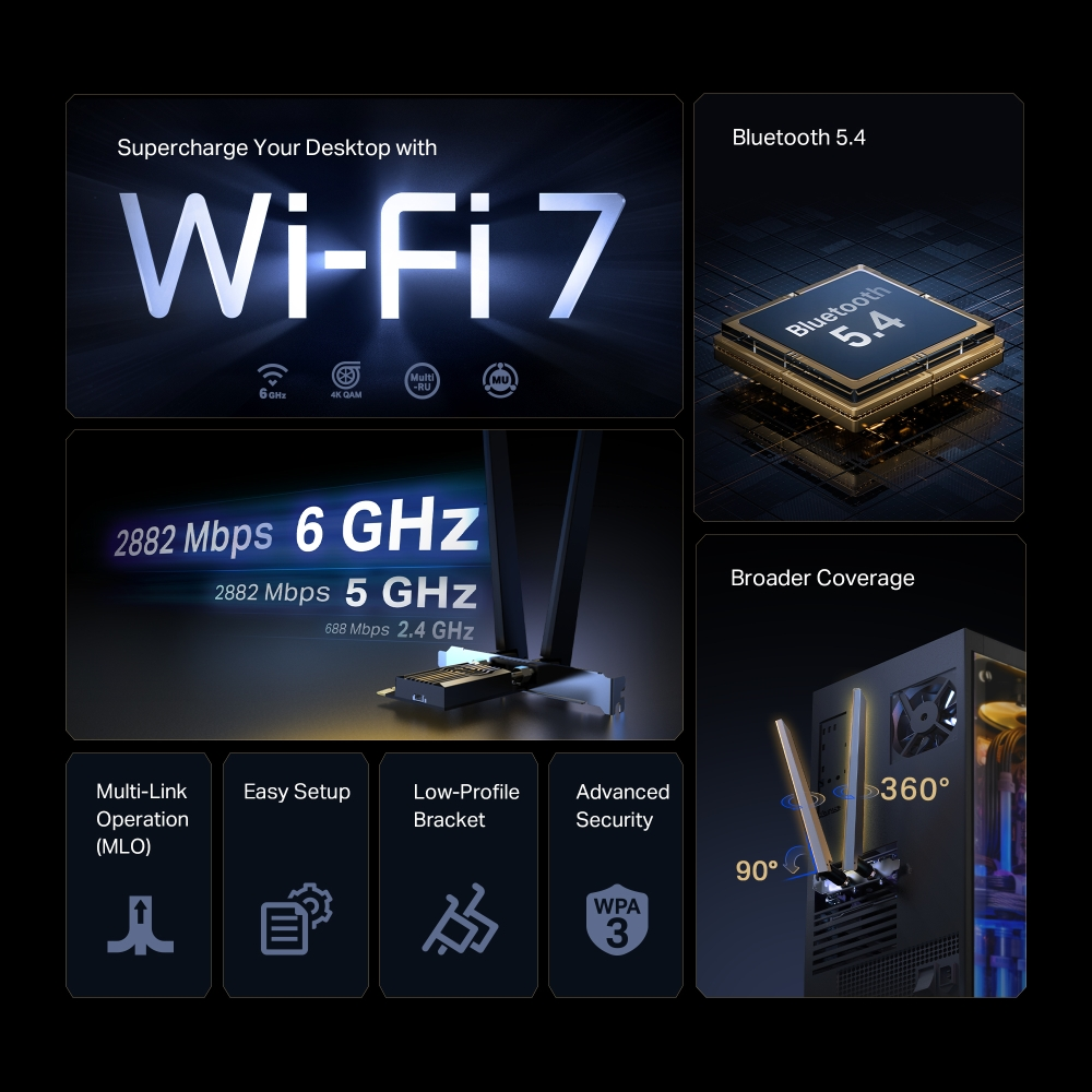 TP-LINK ARCHER TBE400E WIFI7 BE6500 Bluetooth 5.4 PCIe Kablosuz Ağ Adaptörü