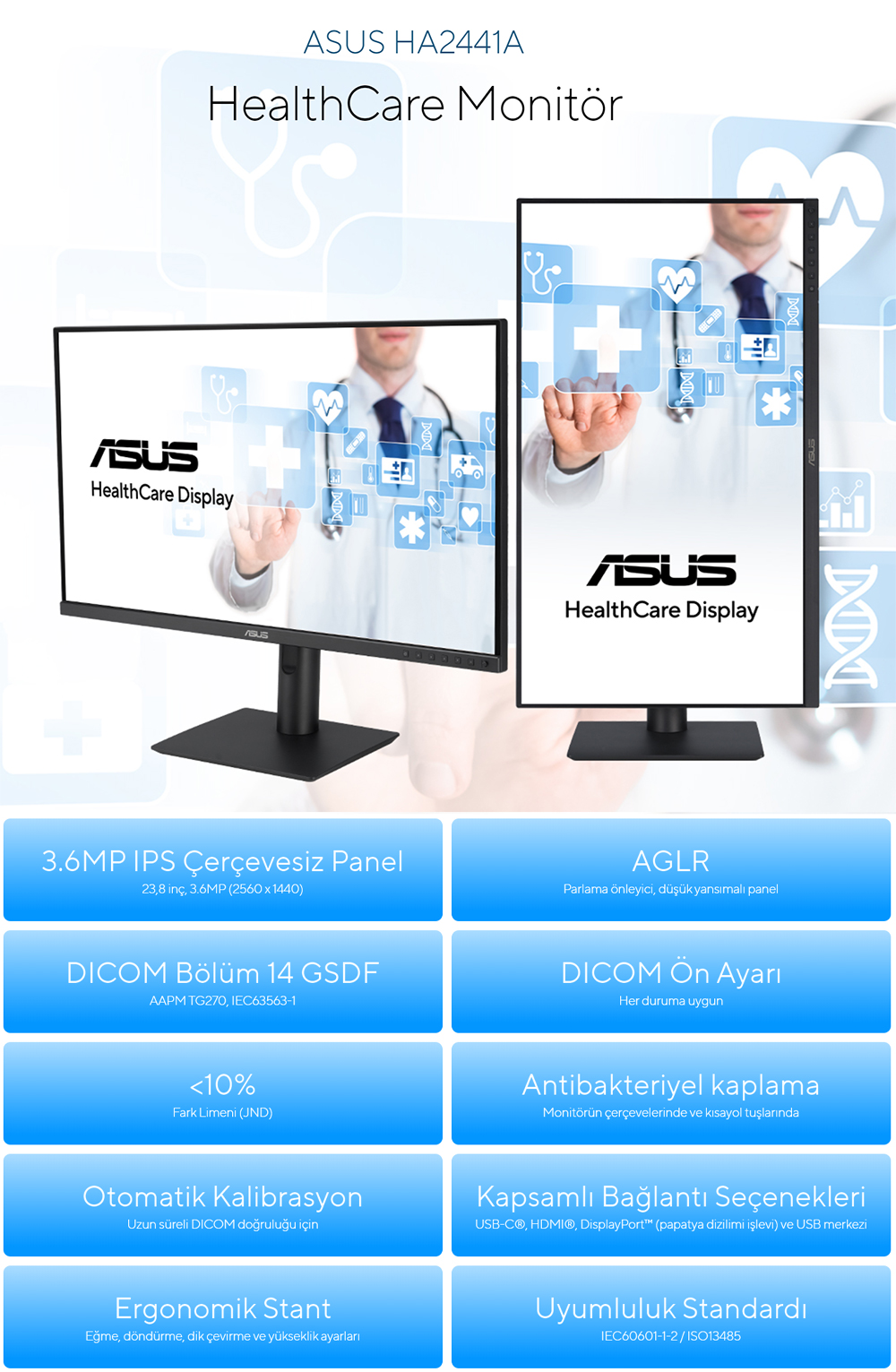 ASUS 23.8" IPS HA2441A 5MS HDMI-DP TYPEC Pivot Sağlık Monirtörü 2560x1440