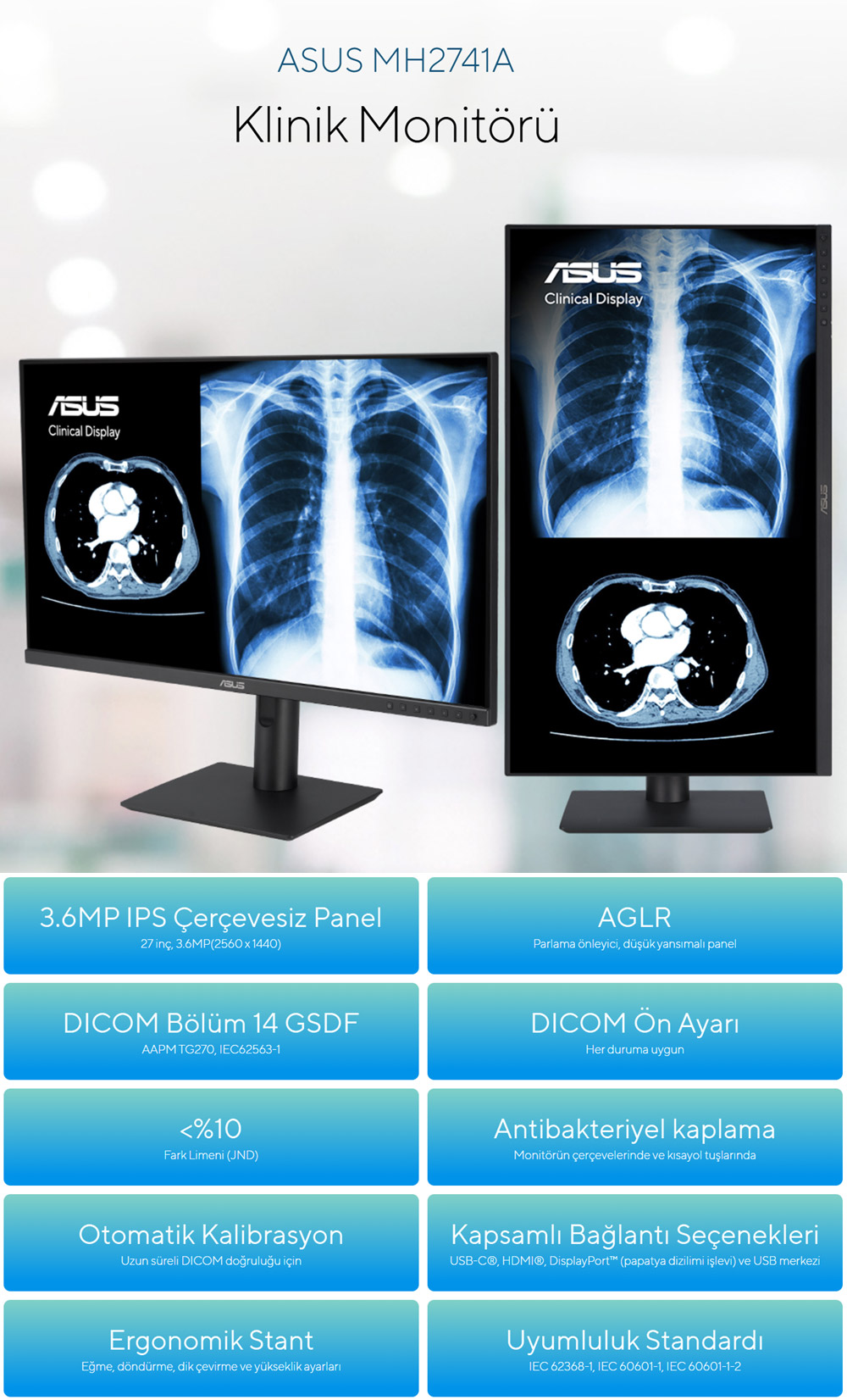 ASUS 27" IPS MH2741A 5MS 75HZ HDMI-DP TYPEC Pivot Klinik Monitör 2560x1440
