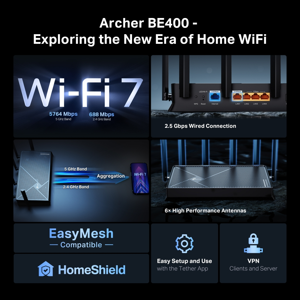 TP-LINK ARCHER BE400 WIFI7 BE6500 Çift Bant Router